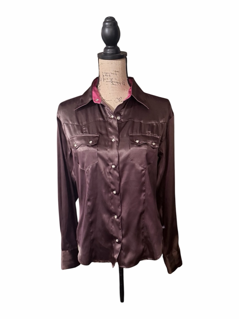 Cruel Girl Western Satin Button-Up Blouse - Chocolate Brown with Pink Trim